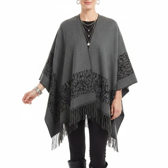 Free People Sweaters - Free People Gray Leopard Print Fringe Edge Cape Wrap OS
